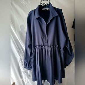 ZARA.. NAVY BLUE ..SHORT..COTTON CASUAL PLEATED SKIRT RUFFLED BODICE TOP/DRESS